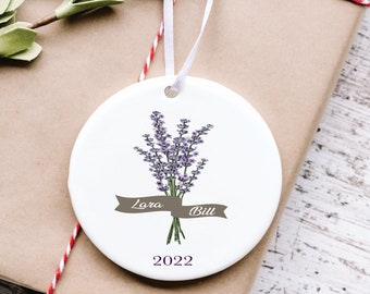 Personalized Christmas Ornament, Newlywed Christmas Ornament,  Bride and Groom Ornament, Lavender, New Couple, Bridal Shower Gift