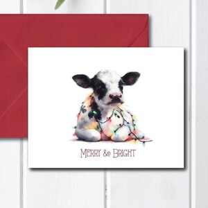 Cartes de Noël Vache, Cartes de vœux, Cartes de Noël, Vaches, Aquarelle, Jeu de cartes pour les fêtes, Fait main, Rustique, Lumières de Noël