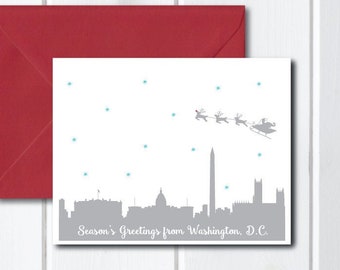 Christmas Cards, Holiday Cards, Washington, D.C., Santa, Skyline, City, Silhouettes, Reindeer, Handmade, DC, Washington