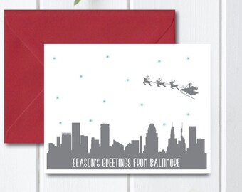 Christmas Cards, Holiday Cards, Baltimore, Maryland, Santa, Skyline, City, Silhouettes, Reindeer, Handmade, Baltimore Christmas Cards
