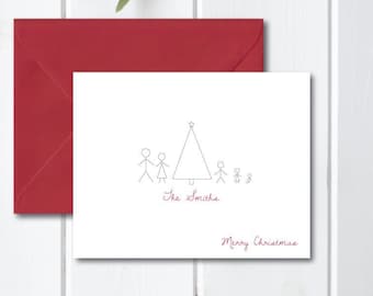 Stick Figures, Christmas Cards, Holiday Cards, Christmas Card Set, Holiday Greetings, Handmade, Christmas Tree