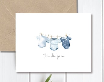 Cartes de remerciement pour baby shower, bébé, cartes de remerciement de bébé, cartes de remerciement, faire-part bébé garçon - corde à linge bébé garçon