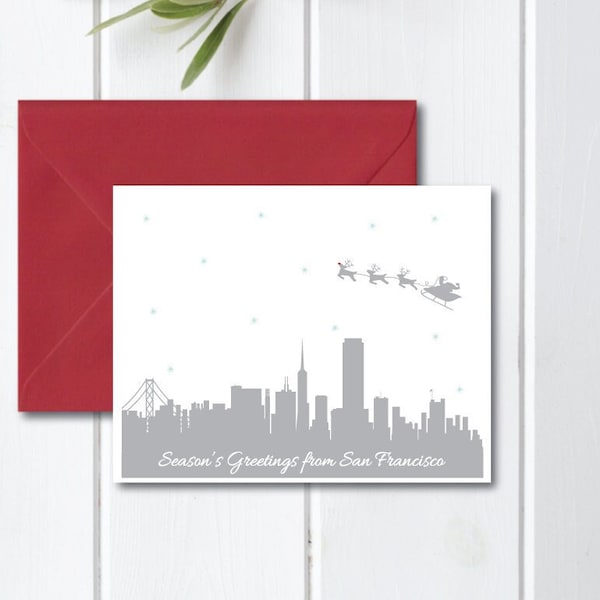 Christmas Cards, Holiday Cards, Santa, San Francisco, Skyline, City, Silhouettes, Reindeer, Handmade, California