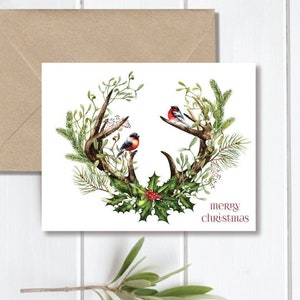Aquarelles cartes de Noël, bois de cerf, rouges-gorges, cartes de Noël, couronne, cartes de vœux, couronne de Noël, jeu de cartes de vœux, fait main
