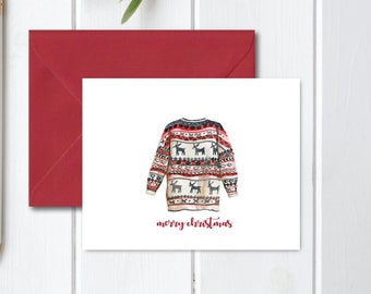 Christmas Cards,  Holiday Cards, Ugly Christmas Sweater, Christmas Sweater, Christmas Card Set, Handmade, Merry Christmas, Water Color