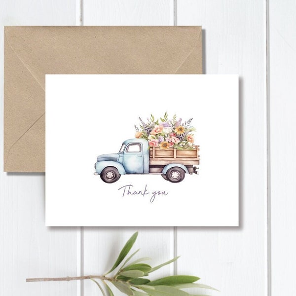 Thank You Cards, Thank You Card Set, Thank You Notes, Old Truck, Trucks, Floral, Recycled, Rustic, Wedding, Bridal Shower, Garden