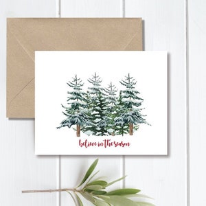 Christmas Cards, Holiday Cards, Christmas Card Set, Watercolor, Believe in the Season, Evergreen Trees, Handmade, Holiday Greetings