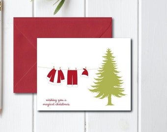 Christmas Cards, Holiday Cards, Christmas Card Set, Santa Claus, Holiday Card Set, Santa Claus Suit, Clothesline, Santa Hat