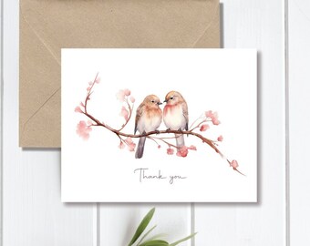 Thank You Cards, Lovebirds, Love Birds, Bridal Shower Thank You Cards, Watercolor, Bird Lovers, Valentine' Day, Birds, Thank You Notes