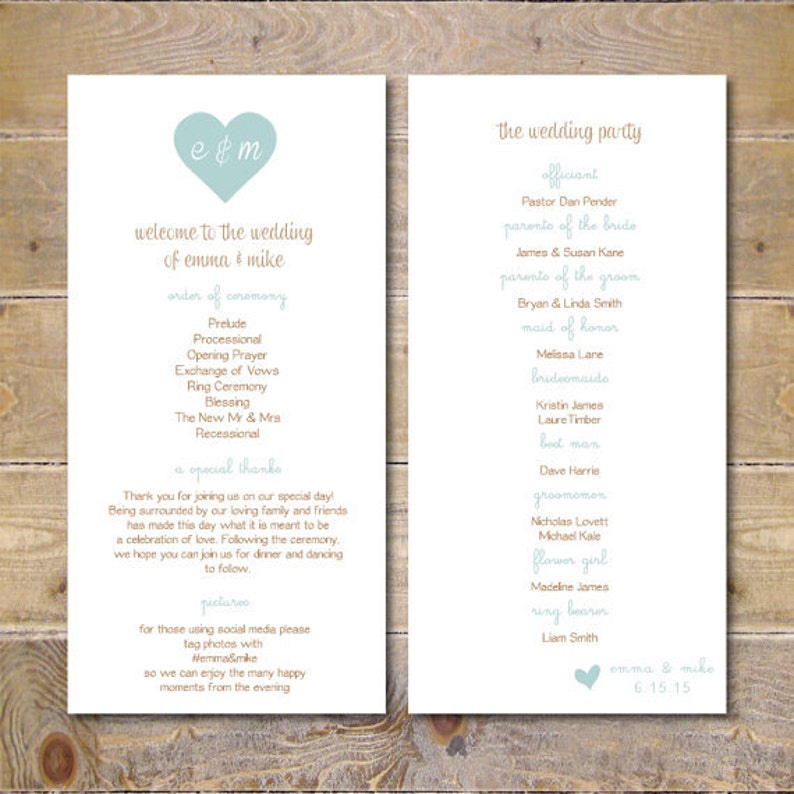 Ceremony Program Wedding Programs Order of Service Card Romance Rustic Programs Order Of Service Hearts Wedding Program