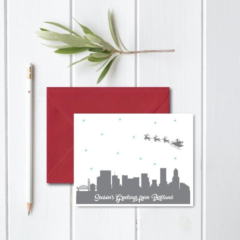 Christmas Cards, Holiday Cards, Portland, Oregon, Santa, Skyline, City, Silhouettes, Reindeer, Rudolph, Handmade, Portland Christmas immagine 1