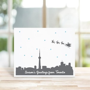 Cartes de Noël, Cartes de vœux, Père Noël, Toronto, Ligne d'horizon, Ville, Silhouettes, Renne, Fait main, Cartes de Noël canadiennes