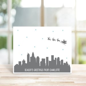 Cartes de Noël, Cartes de vœux, Charlotte, Caroline du Nord, Père Noël, Ligne d'horizon, Ville, Silhouettes, Renne, Fait main