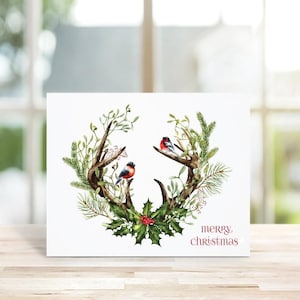 Watercolor Christmas Cards, Deer Antlers, Robins, Christmas Cards, Wreath, Holiday Cards, Christmas Wreath, Holiday Card Set, Handmade