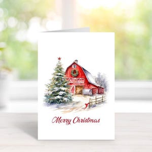 Cartes De Noël Rustiques, Cartes De Noël, Noël À La Campagne, Grange, Grange De Noël, Aquarelles Cartes De Noël, Cartes De Voeux, Grange Rouge