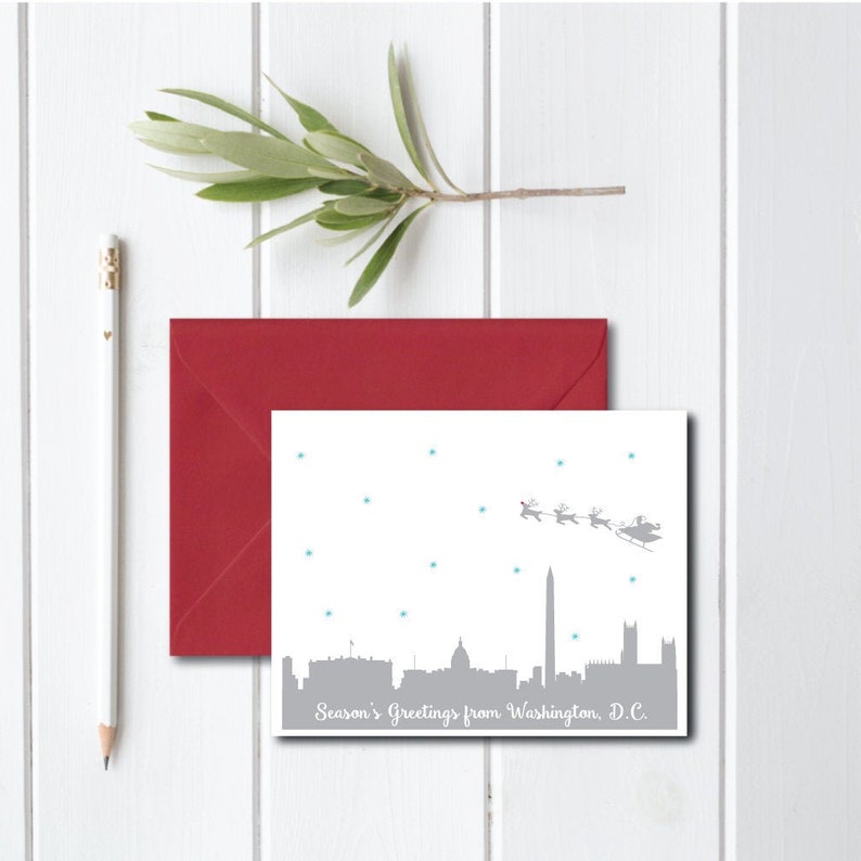 Christmas Cards, Holiday Cards, Washington, D.C., Santa, Skyline, City, Silhouettes, Reindeer, Handmade, DC, Washington image 1