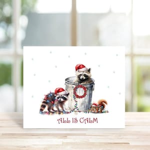 Cartes de Noël raton laveur, jeu de cartes pour les fêtes, raton laveur, cartes de Noël rigolotes, cartes de Noël, aquarelle, cartes de Noël, fait main