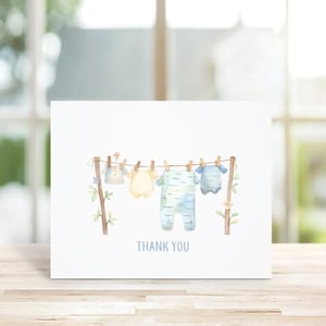 Cartes de remerciement pour baby shower, bébé, cartes de remerciement de bébé, cartes de remerciement, faire-part bébé garçon - corde à linge bébé garçon