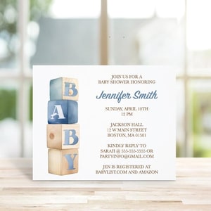 Faire-part pour baby shower, Faire-parts baby shower, Bébé, Garçon, Fille, Blocs, Nouveau bébé, Faire-part de naissance, Aquarelle, Bohème, Minimal, Faire-parts