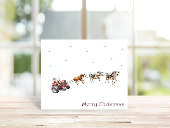 Cow Christmas Cards, Holiday Cards, Christmas Card, Cows, Watercolor, Holiday Card Set, Handmade, Farm Christmas Cards, Farmers, Tractors
