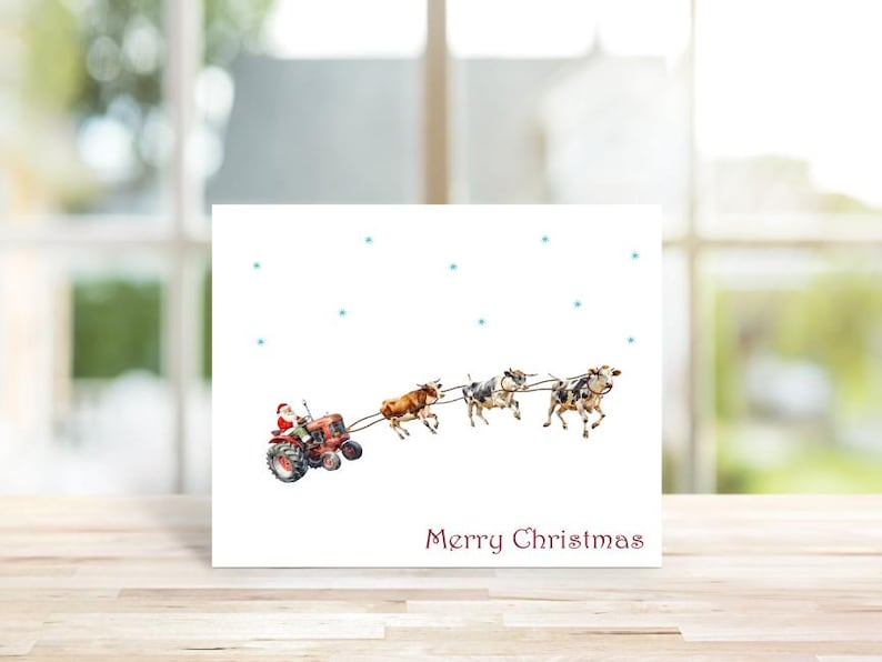 Cow Christmas Cards, Holiday Cards, Christmas Card, Cows, Watercolor, Holiday Card Set, Handmade, Farm Christmas Cards, Farmers, Tractors image 1