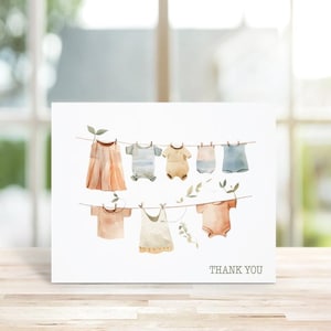 Cartes de remerciement bébé, Cartes de remerciement bébé fille, Cartes de remerciement baby shower, Faire-part de naissance, Corde à linge bébé