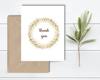 Thank You Cards, Boho Thank You Cards, Thank You Notes, Wreath, Boho, Recycled, Rustic, Wedding, Bridal Shower, Handmade