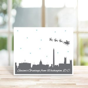 Cartes de Noël, cartes de vœux, Washington, D.C., Père Noël, ligne d'horizon, ville, silhouettes, renne, fait main, DC, Washington