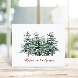 Cartes de Noël, Cartes de vœux, Jeu de cartes de Noël, Aquarelle, Crois en la saison, Arbres à feuilles persistantes, Fait main, Voeux des Fêtes