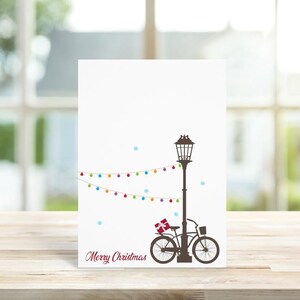Vélos, Cartes de Noël rustiques, Cartes de Noël, Cartes de vœux, Jeu de cartes de Noël, Jeu de cartes de vœux, Lampadaire, Vélos, Lumières de Noël