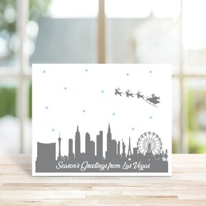 Cartes de Noël, Cartes de Noël de Las Vegas, Cartes de vœux, Père Noël, Las Vegas, Ligne d'horizon, Ville, Silhouettes, Renne, Fait main