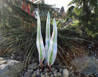 Hand Blown Glass Garden Art: Leaf Flame Sculpture, white iridescent Decor 3926 Oneil
