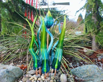 Hand Blown Glass Garden Art: Outdoor Leaf Crystal Sculpture, 9 pc Set 3905