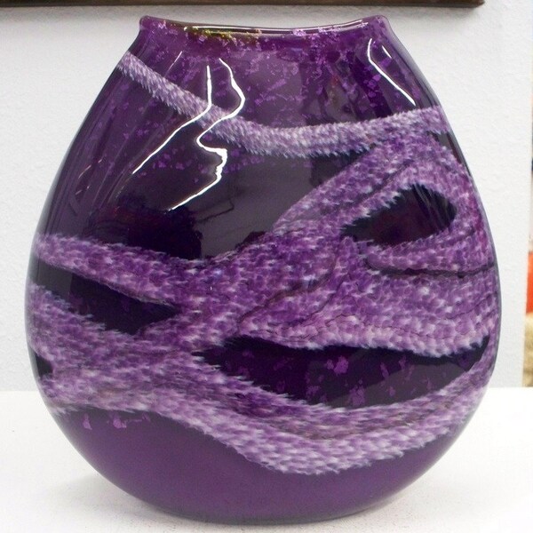 Hand Blown Glass Art Purple Flattened Vase