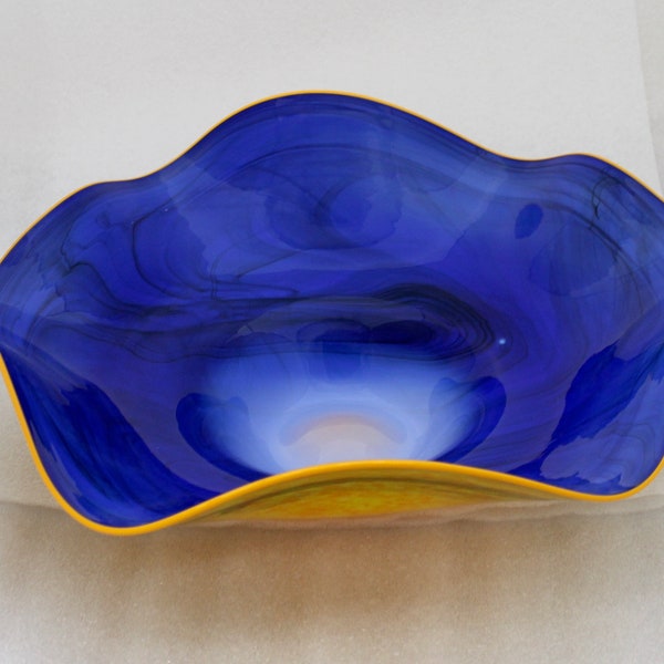 Beautiful Hand Blown Glass Art  Bowl 1506  blue orange ONEIL