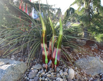 Hand Blown Glass Garden Art: Leaf Flame Sculpture pink lime green transparent Decor 3929 Oneil