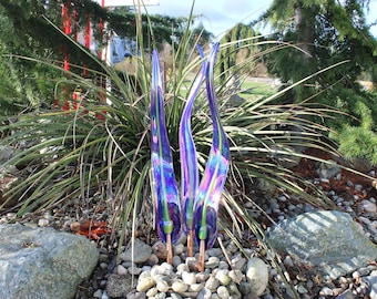 Hand Blown Glass Garden Art: Leaf Flame Sculpture, Blue Decor 3909 Oneil