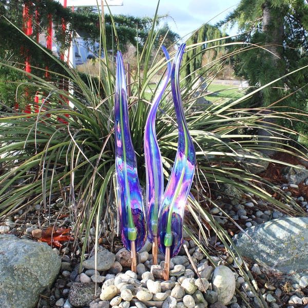 Hand Blown Glass Garden Art: Leaf Flame Sculpture, Blue Decor 3909 Oneil