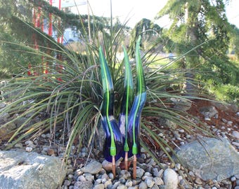 Hand Blown Glass Garden Art: Leaf Flame Sculpture blue green transparent Decor 3928 Oneil