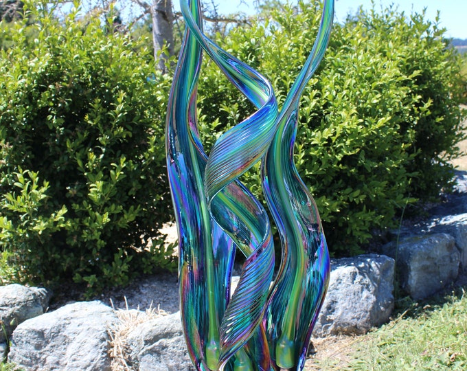 Glass Yard Art Glass Garden Art Hand Blown Glass Leaf Flame Etsy