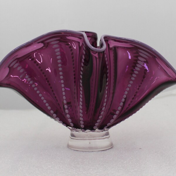 Hand Blown Glass Art Vase Bowl  ONEIL 816 PINKY PURPLE Clam Shell Fan shape art glass sea form