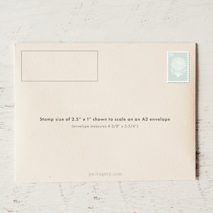 stamp size of 2.5 inch by 1 inch shown to scale on an A2 envelope