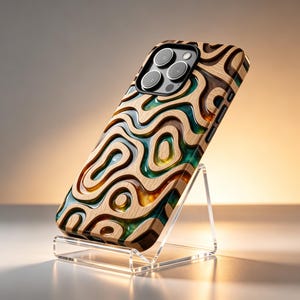 Puede incluir: Una funda para smartphone con un diseño topográfico en capas de madera clara y resina translúcida con remolinos en tonos verde azulado y ámbar. La funda tiene un recorte para una cámara triple y se exhibe sobre un soporte de acrílico.