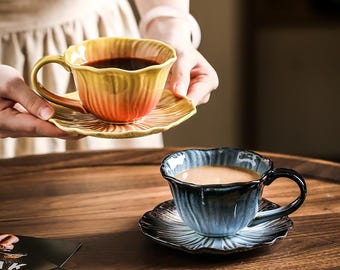 Handmade Gradient Ceramic Flower Cup and Saucer Set, Japanese Pottery