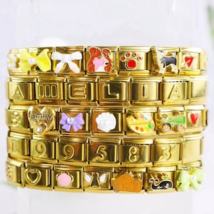 Pulsera con dijes italianos, pulsera con dijes italianos de oro personalizados con nombre, dijes italianos con letras, joyas Y2K, pulseras con dijes