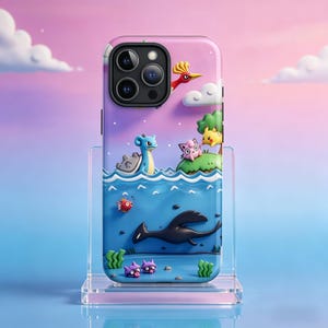 May include: A colorful phone case featuring a 3D design with cartoon characters in a water scene. The case has a pink and purple sky background with clouds. The design includes a blue sea, various creatures, and a black dragon-like figure.