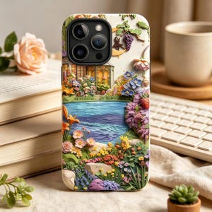 May include: A phone case featuring a raised, textured relief design of a vibrant garden scene with a blue pond, colorful flowers, a strawberry, a crescent moon, and a small gazebo structure, all set against a cream-colored background.