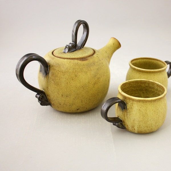 Ceramic Tea Set for Two - Teapot and Teacups - in Honeycomb and Metallic Black by Nstarstudio