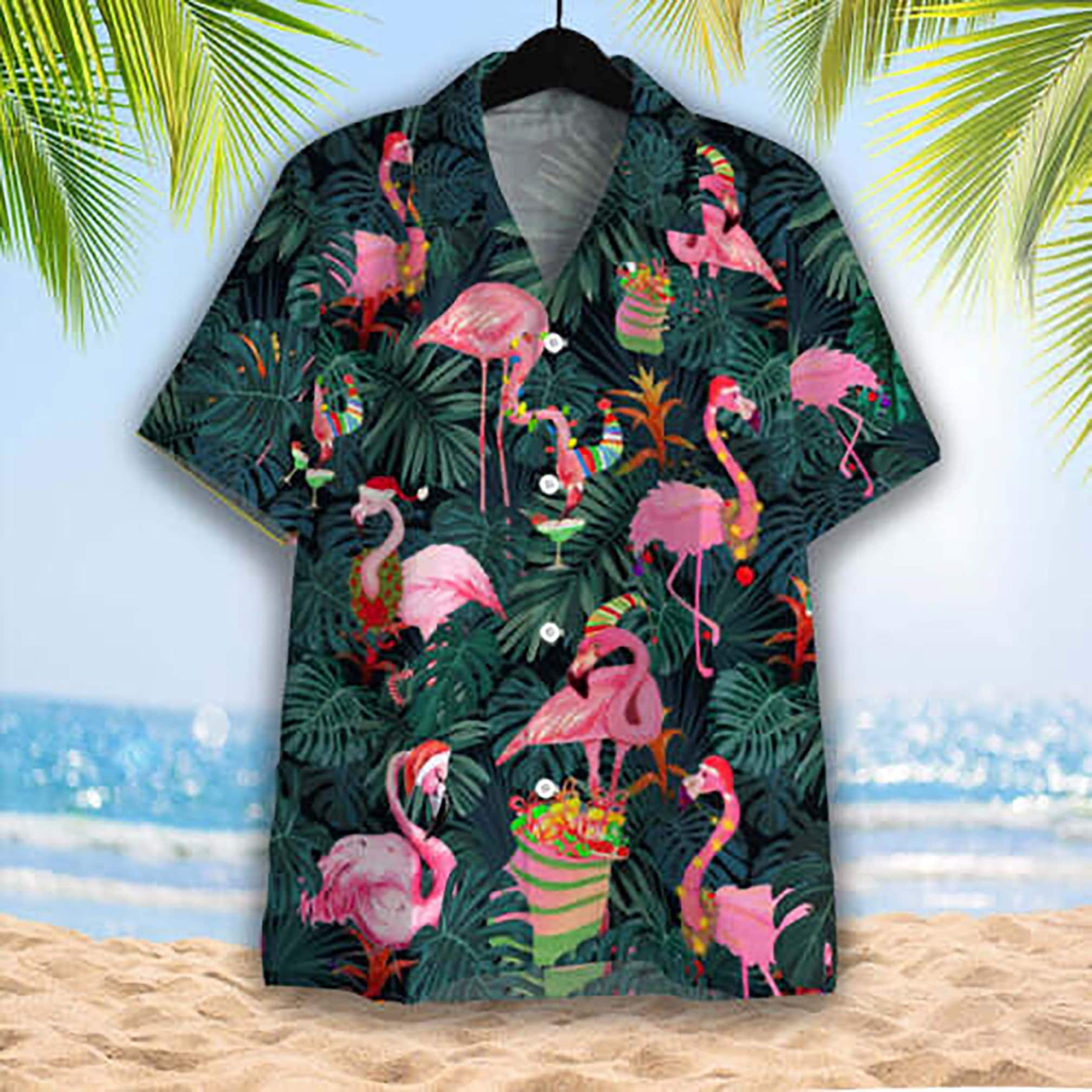 Discover Pink Christmas Flamingo Hawaiian Shirt, Summer Beach Aloha Shirt