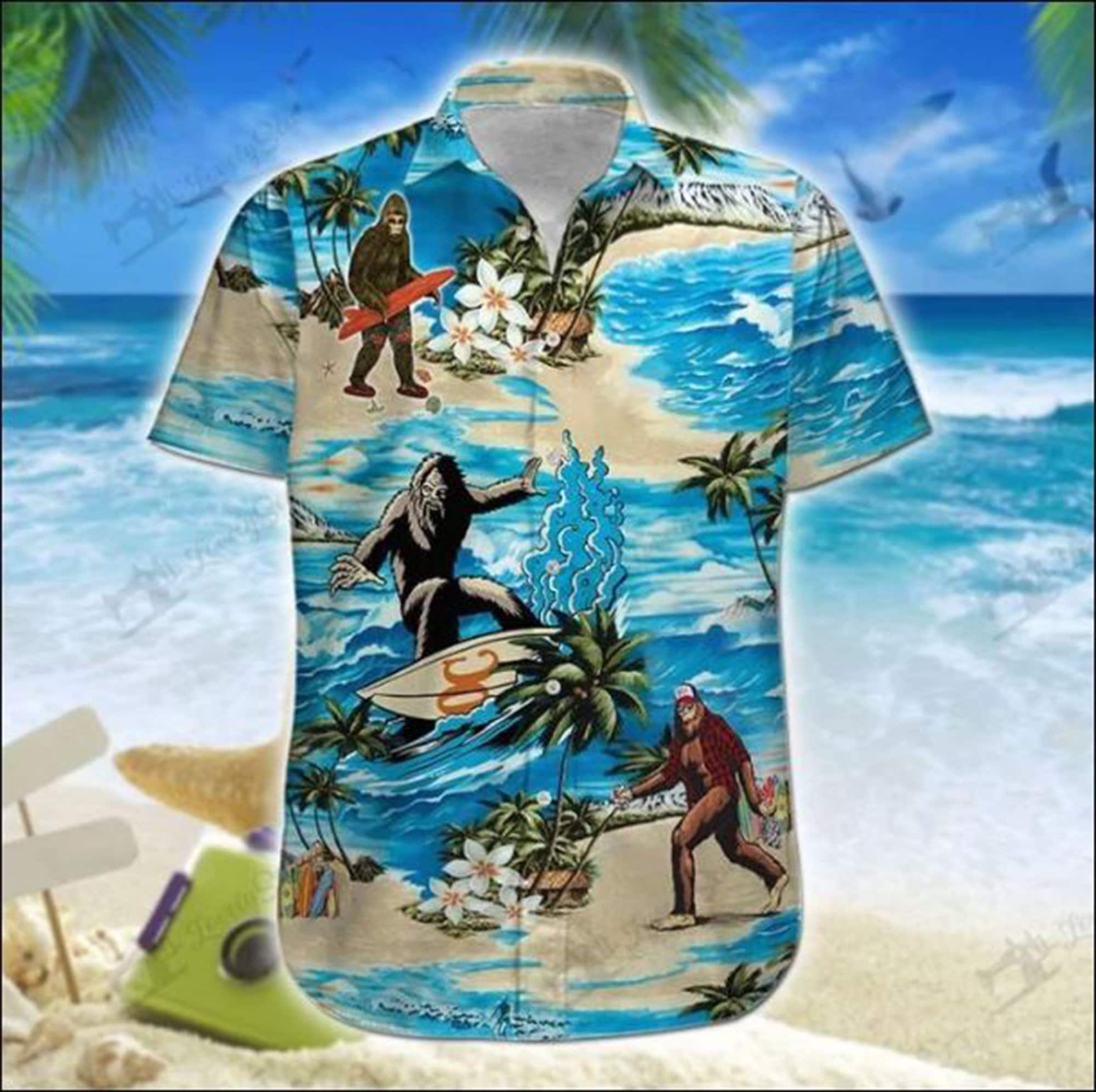 bigfoot surfing hawaiian shirt